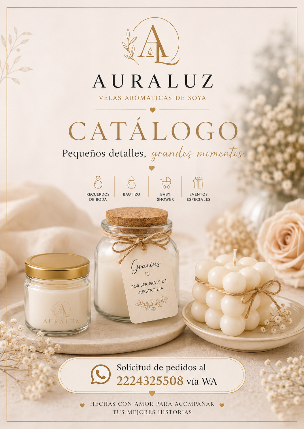 Portada del catálogo AURALUZ con tarros de vela y vela burbuja sobre una mesa decorada