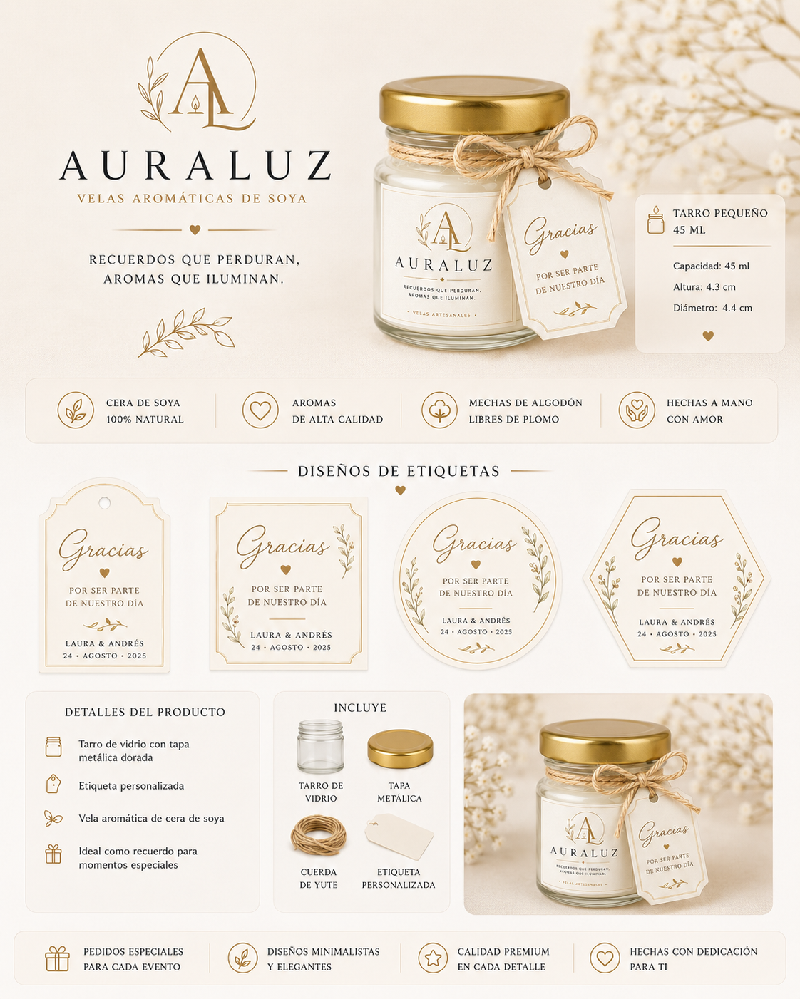 Ficha del tarro pequeño de 45 ml con tapa metálica dorada, especificaciones y diseños de etiqueta