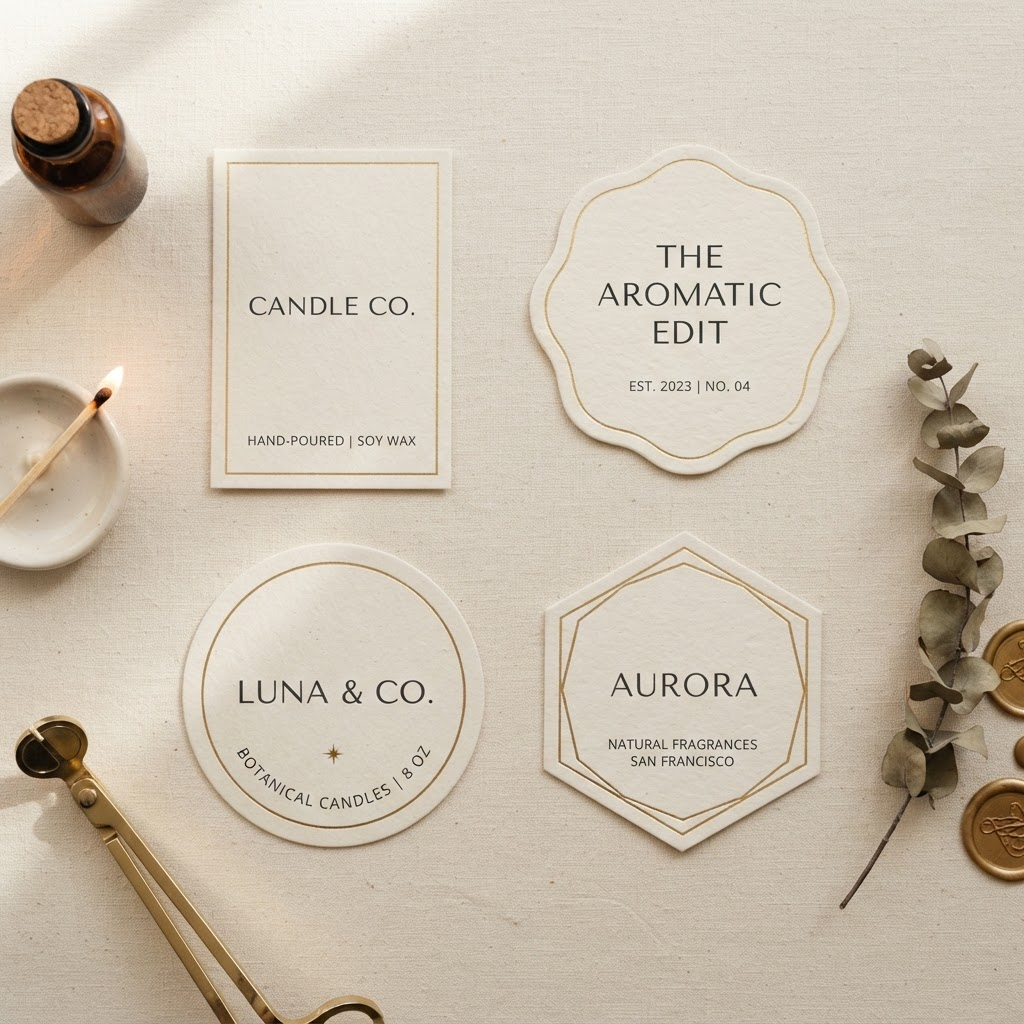 Diseños de etiquetas personalizadas AURALUZ en formas rectangular, orgánica, circular y hexagonal sobre papel color crema