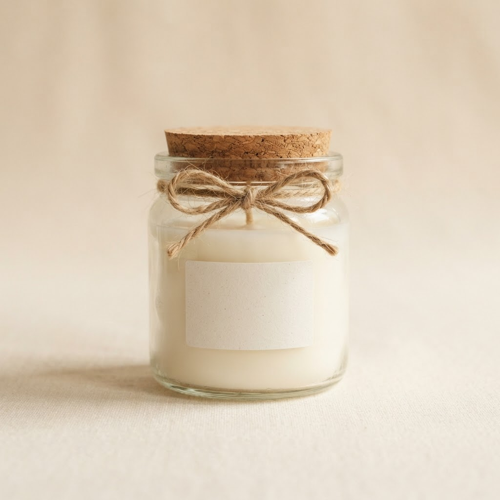 Vela artesanal AURALUZ en tarro de vidrio de 100 ml con tapa de corcho, cuerda de yute y etiqueta personalizada
