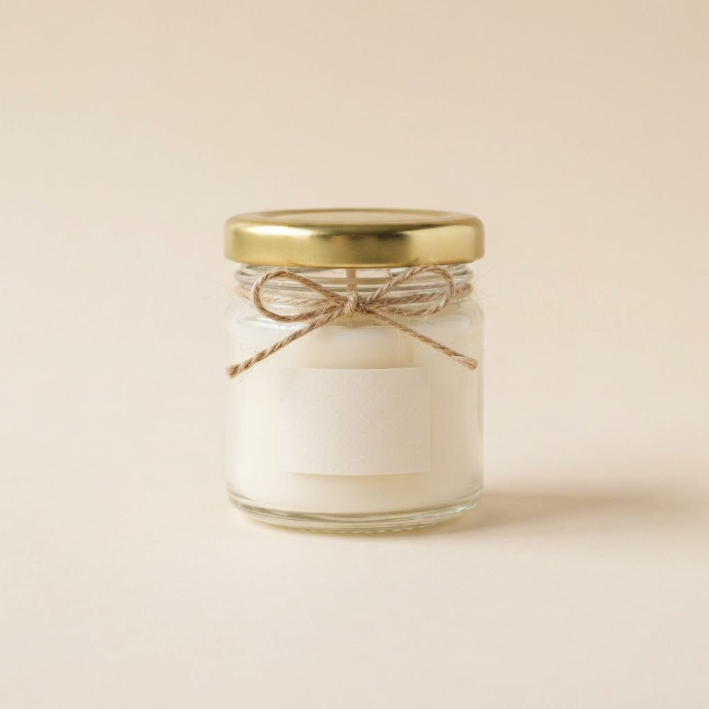 Vela artesanal AURALUZ en tarro de vidrio de 45 ml con tapa dorada, cuerda decorativa y etiqueta personalizada